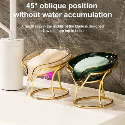 Light Luxury Soap Holder for Bathroom Leaf Shape Self Draining Soap Dish with Metal Bracket Bathroom Accessories